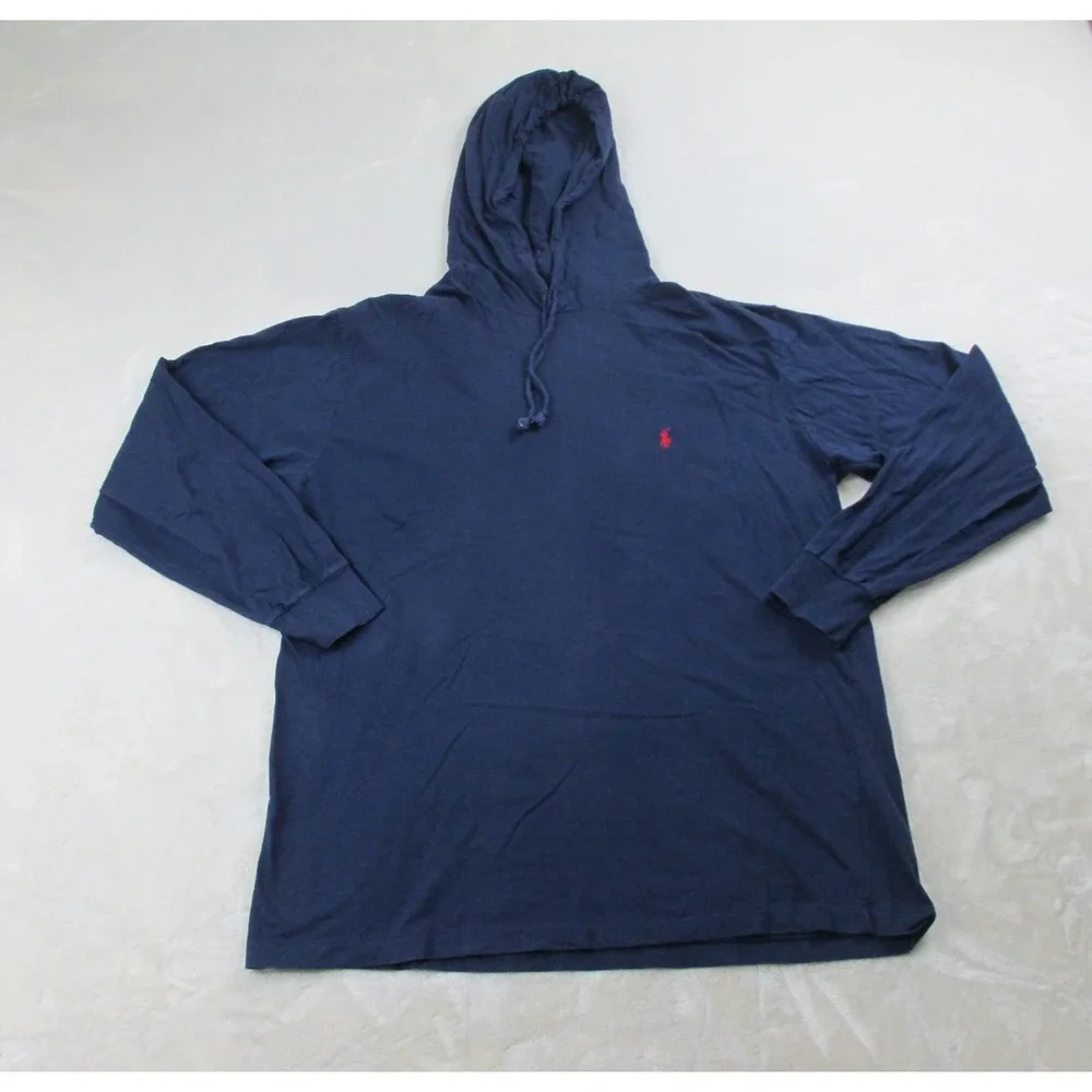 VINTAGE Ralph Lauren Shirt Mens Medium Blue Pony Long Sleeve Hooded Made In USA*